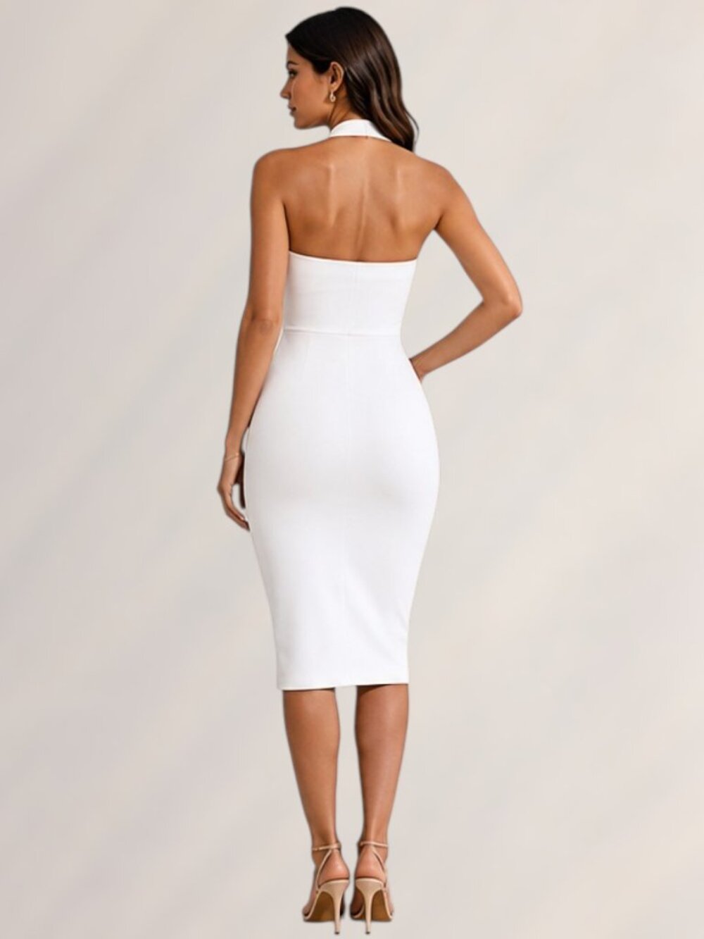 Women's Elegant White Halter Bandage Midi Dress | Open Back Bodycon | Size S - Picture 3 of 8